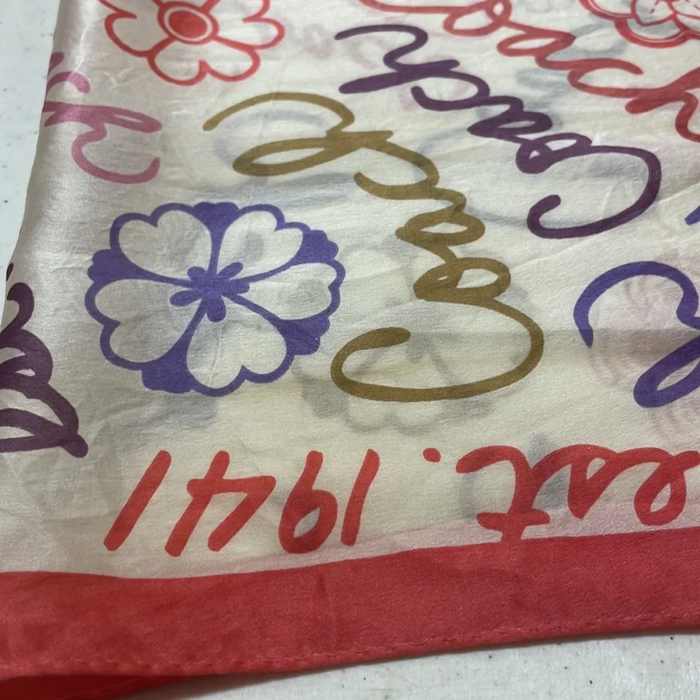 Coach Cream Silk Scarf with Red Border and Multicolor Script - Picture 8 of 9